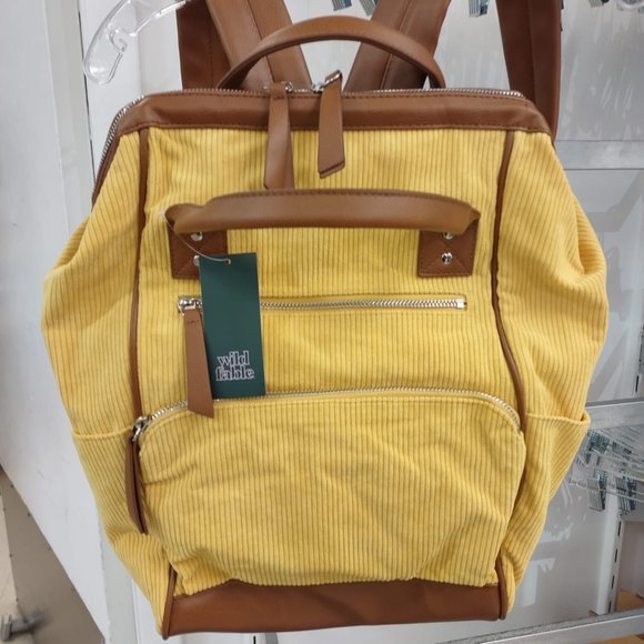 Corduroy Backpack Zip Closure Yellow - Picture 2 of 8
